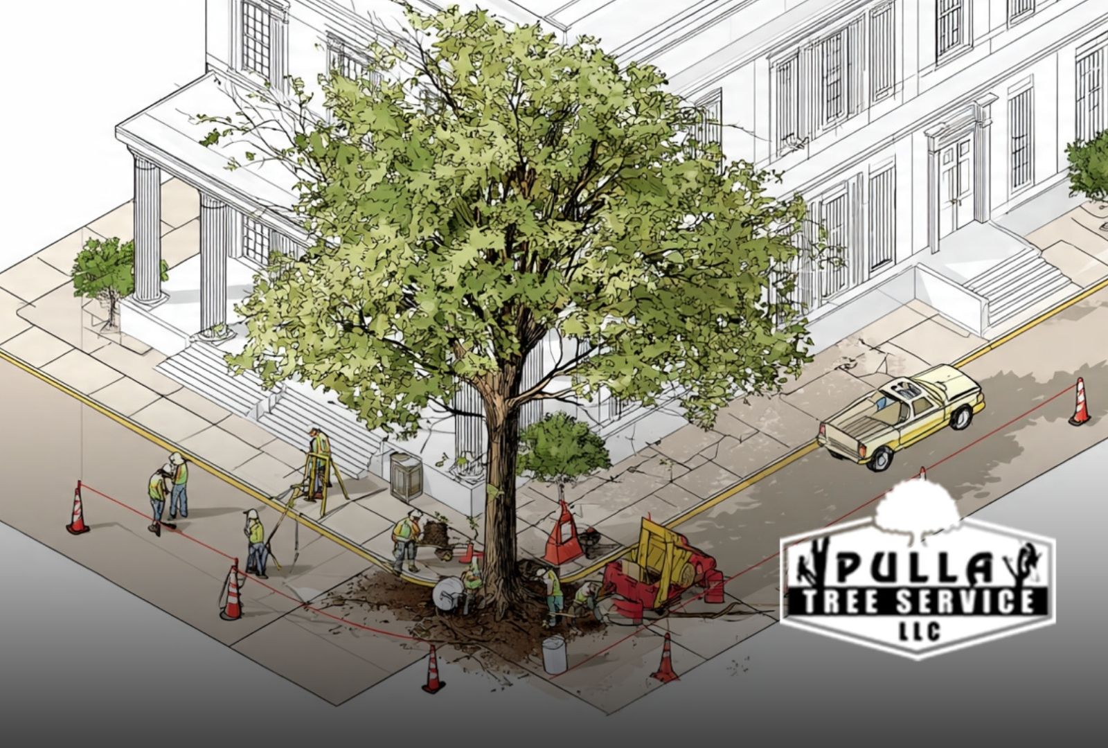 Safe Tree Removal in Urban Areas guide showing a protected work zone near city sidewalks