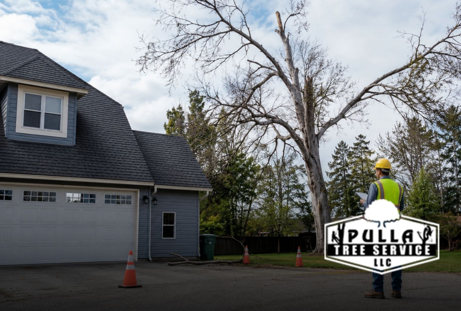 Dead tree removal hazards near a home and driveway