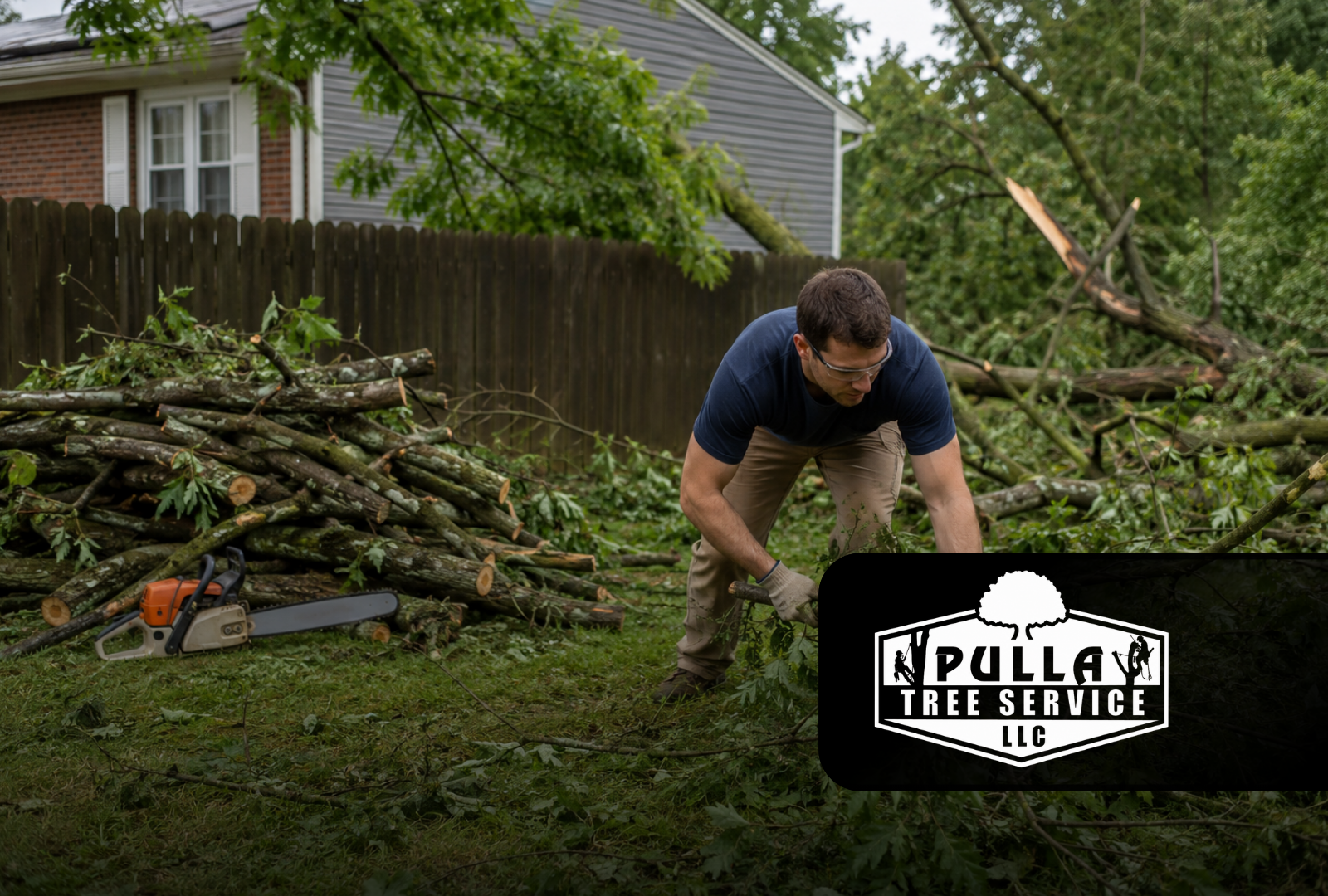 Storm damage cleanup after wind damage in a residential yard
