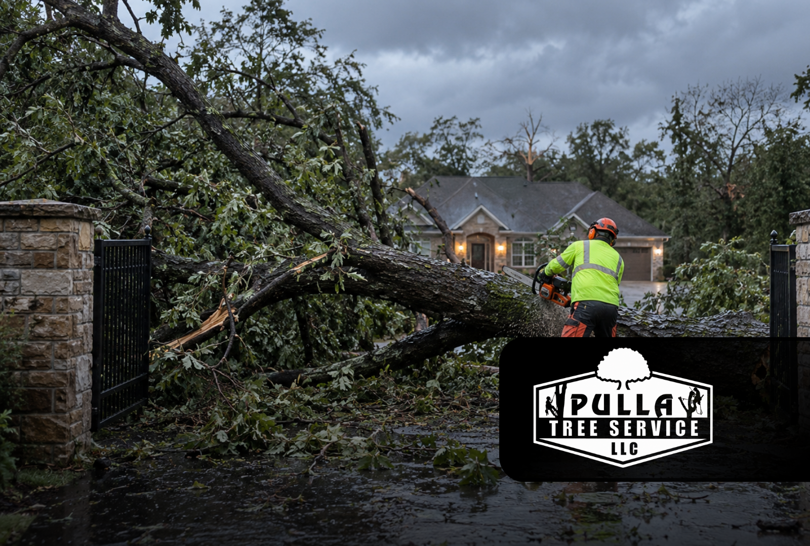 Emergency services after severe storms for a fallen tree blocking property access