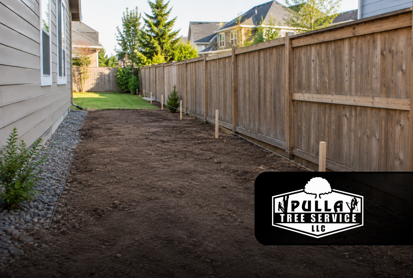 Lot clearing before fence installation on a prepared residential property