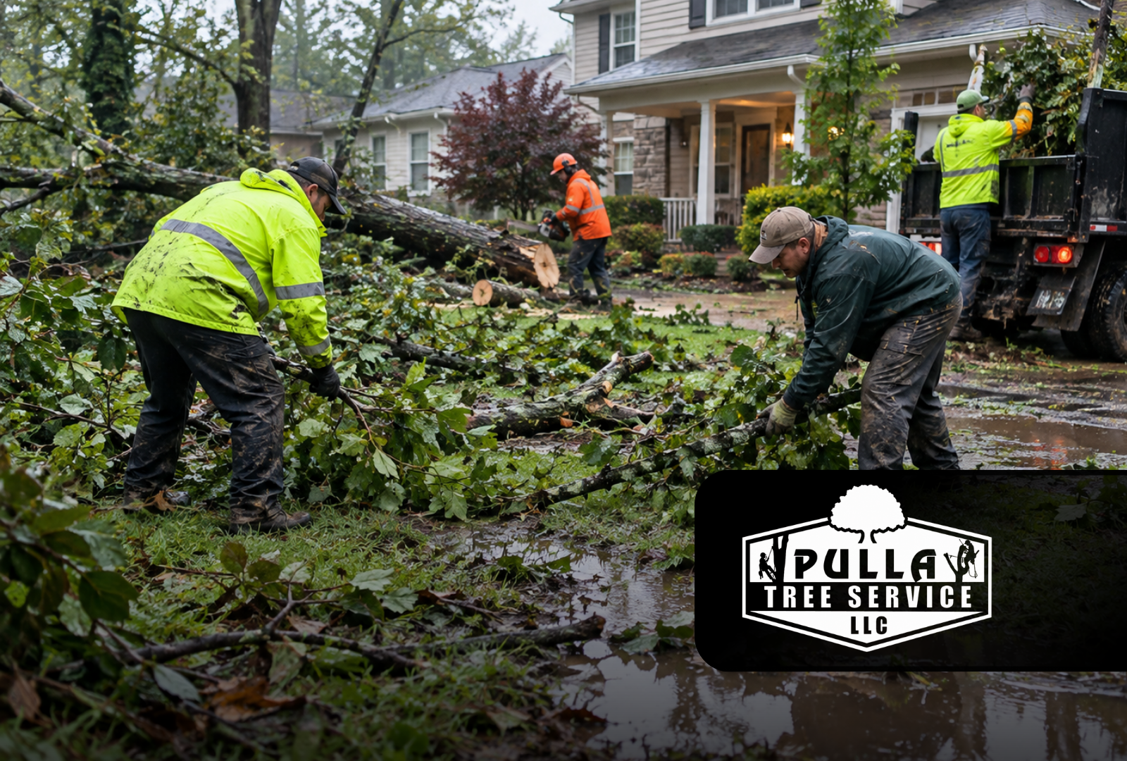 Storm damage clean up for wet yards with fallen branches and debris